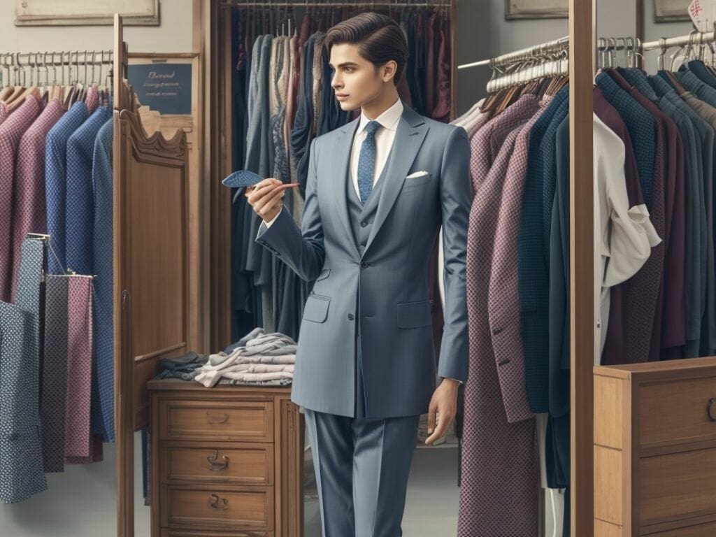 A man in a suit standing in a closet conducting alterations.
