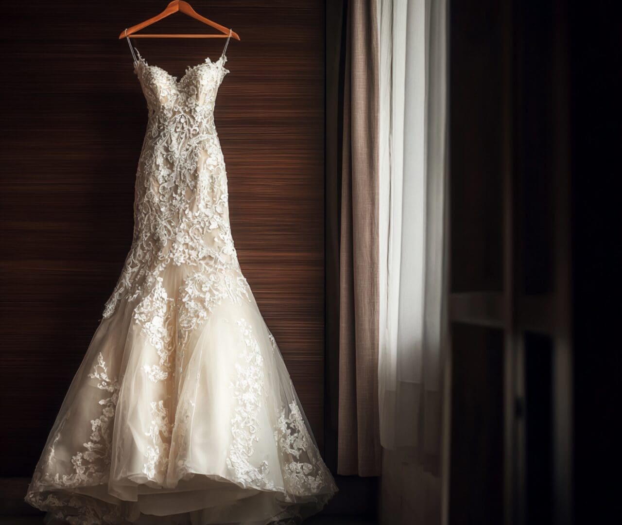 A white, lace-embellished wedding dress hangs on a wooden hanger against a dark wooden wall near a window with sheer curtains.